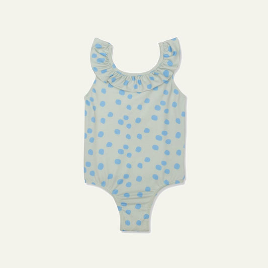 Recycled Polyester Sea Foam Dotted Ruffle Kid Swimsuit - Sea Foam/della Blue