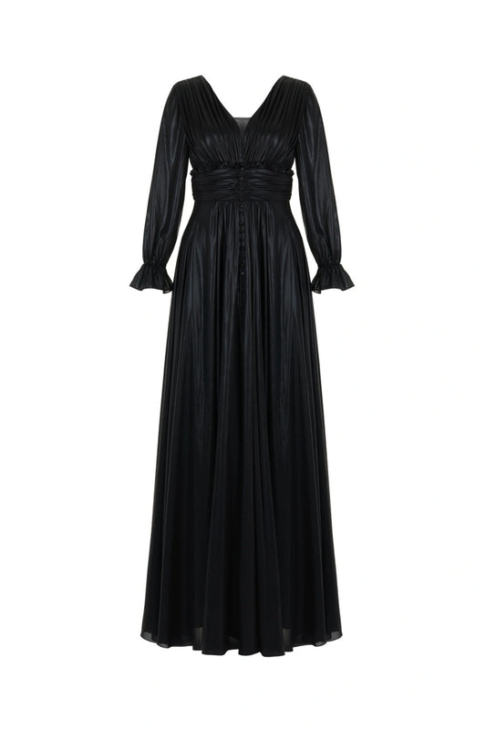 V-Neck Ruched Long Dress - Black