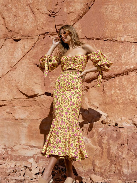 Patsy Fluted Pencil Skirt - Amber & Fuschia Floral