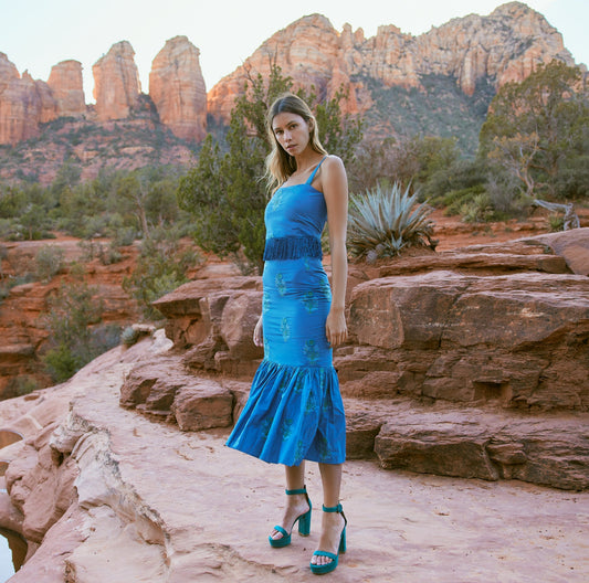 Brook Embroidered Fluted Skirt - Prussian Blue/Placed Floral Embroidery