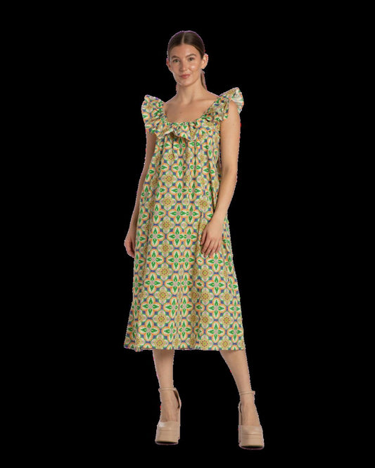 Ali Ruffle Square Neck Dress - Mosaic Tile