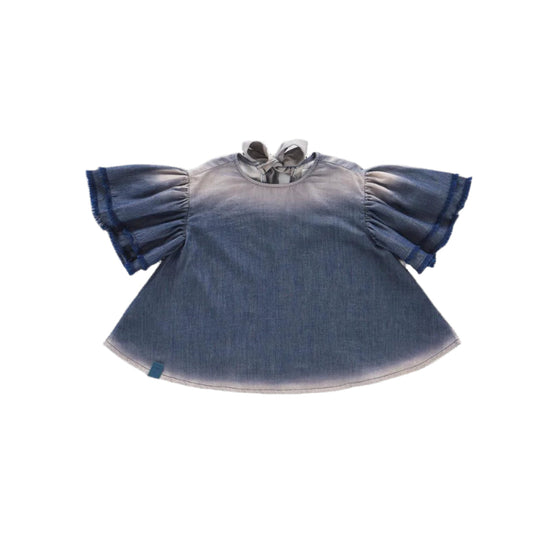 Girls Distressed Chambray Flared Top - Indigo