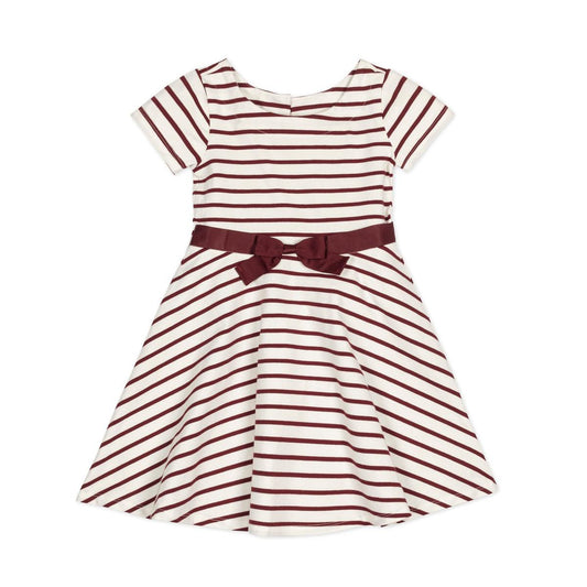 Organic Short Sleeve Skater Dress - White and Oxblood Stripe