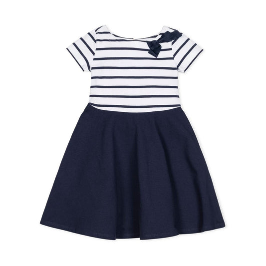 Baby Short Sleeve Organic Knit Skater Dress - White and Navy Stripe
