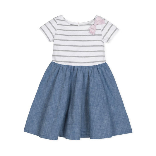 Baby Short Sleeve Organic Knit Skater Dress - White and Gray Stripe