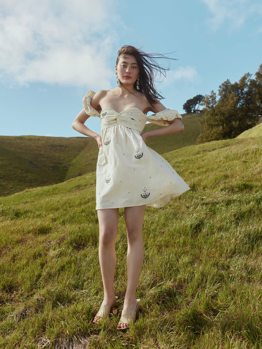 Meadow Beaded Puff Sleeve Mini Dress - Cream Crochet/Multicolor Floral Embroidery