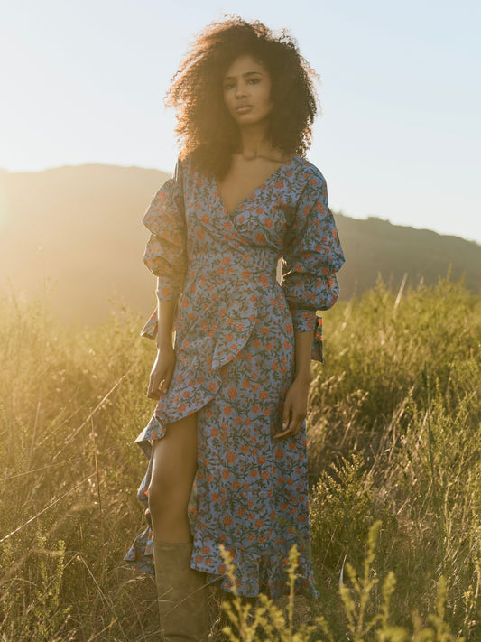 Ellen Ruffled Wrap Dress - French Blue/Punch Bouquet Floral