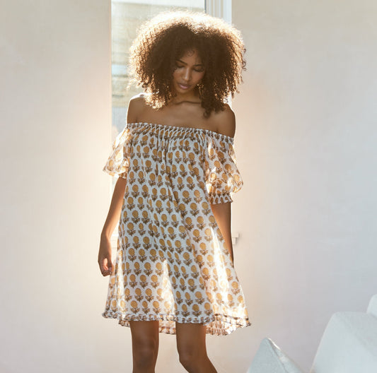 Sydney Puff Sleeve Mini Nightgown - Ochre/Dahlia Floral print