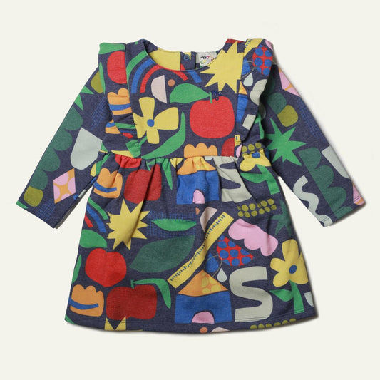 Recycled Cotton Pattern Baby Ruffle Dress - Blue Ribbon Multi