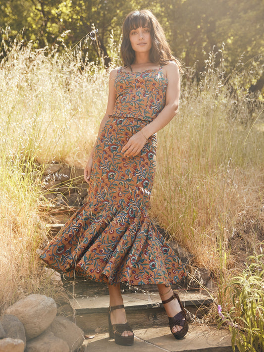 Patsy Fluted Pencil Skirt - Tawny/Multicolor Floral print