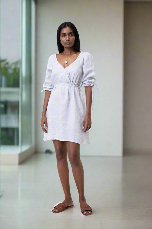 Gathered Elbow Sleeve Short Dress - Textured Stripes