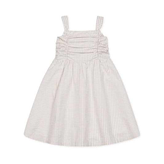 Organic Ruched Bodice Party Dress - Taupe Gingham Seersucker