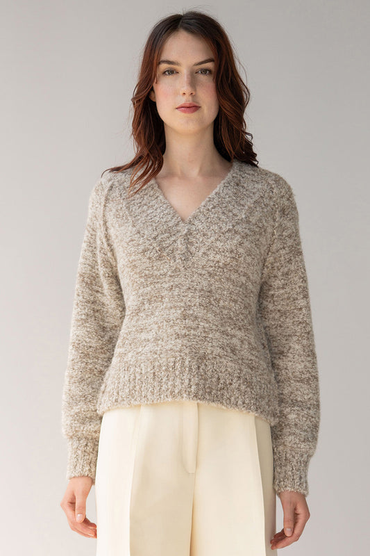 V Neck Boucle Pullover - Oatmeal