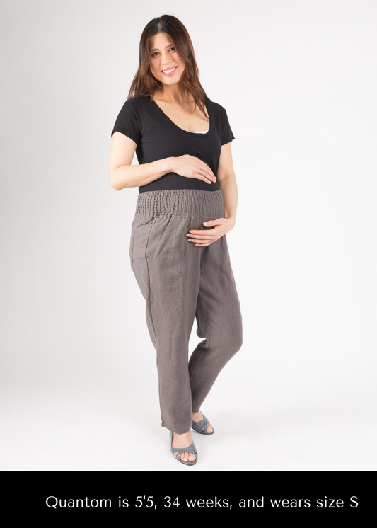 Adult Plus Size Transitional Maternity Smocked Linen Pant - Grey
